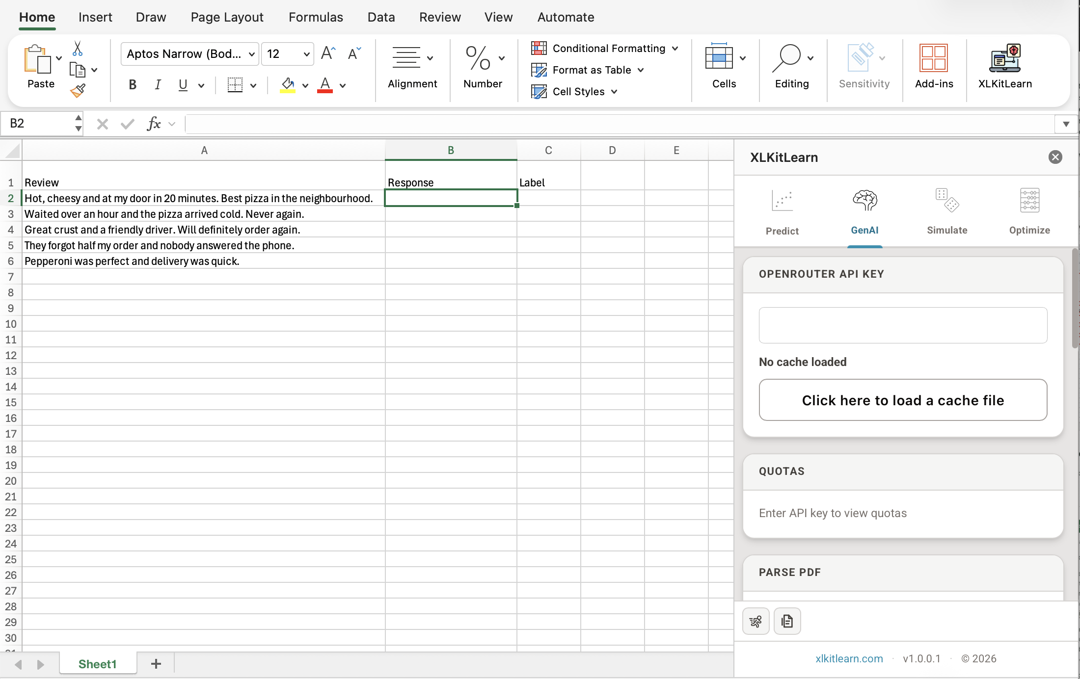 Five pizza reviews in Excel with the XLKitLearn GenAI tab open