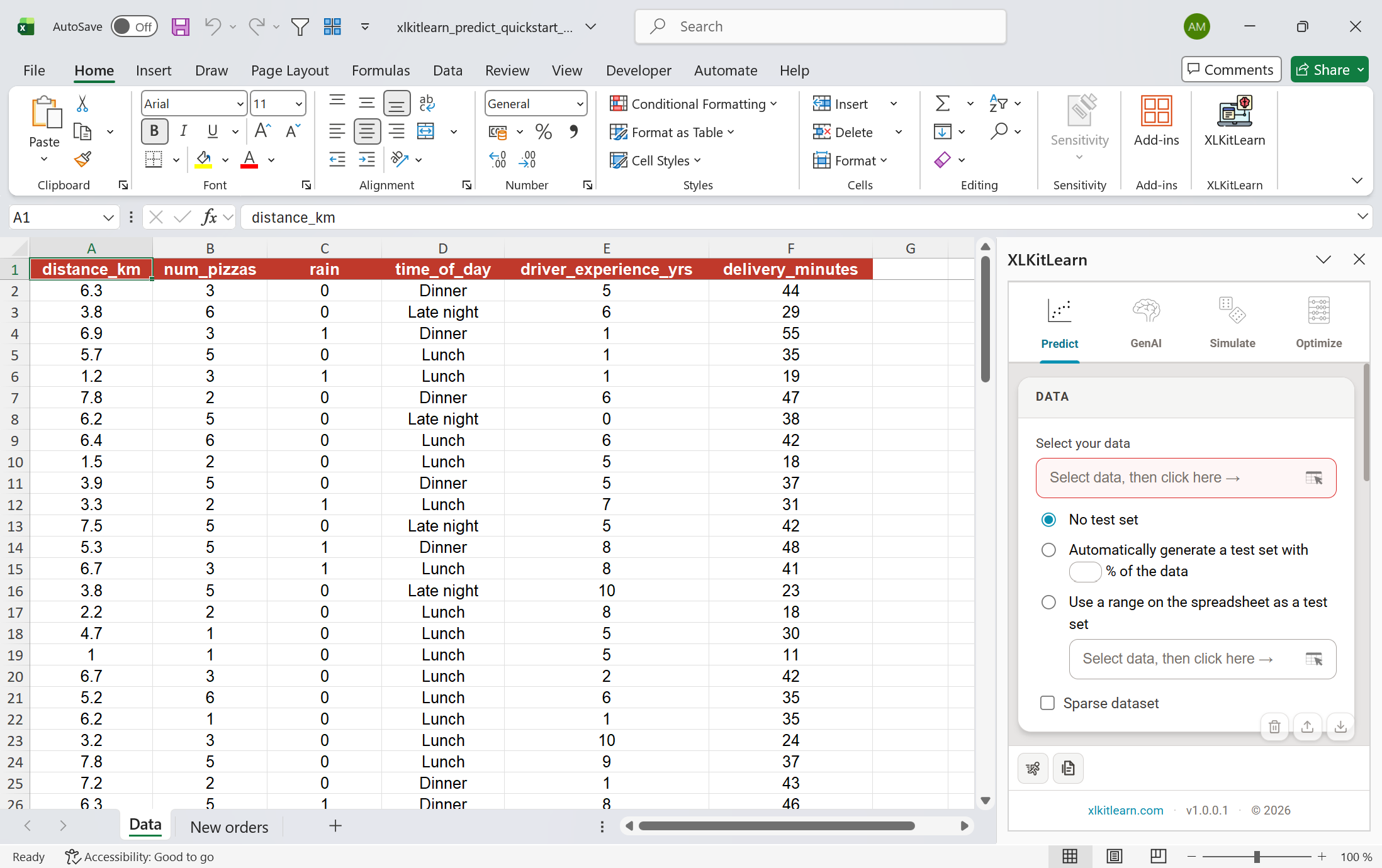 Excel with the XLKitLearn Predict pane open