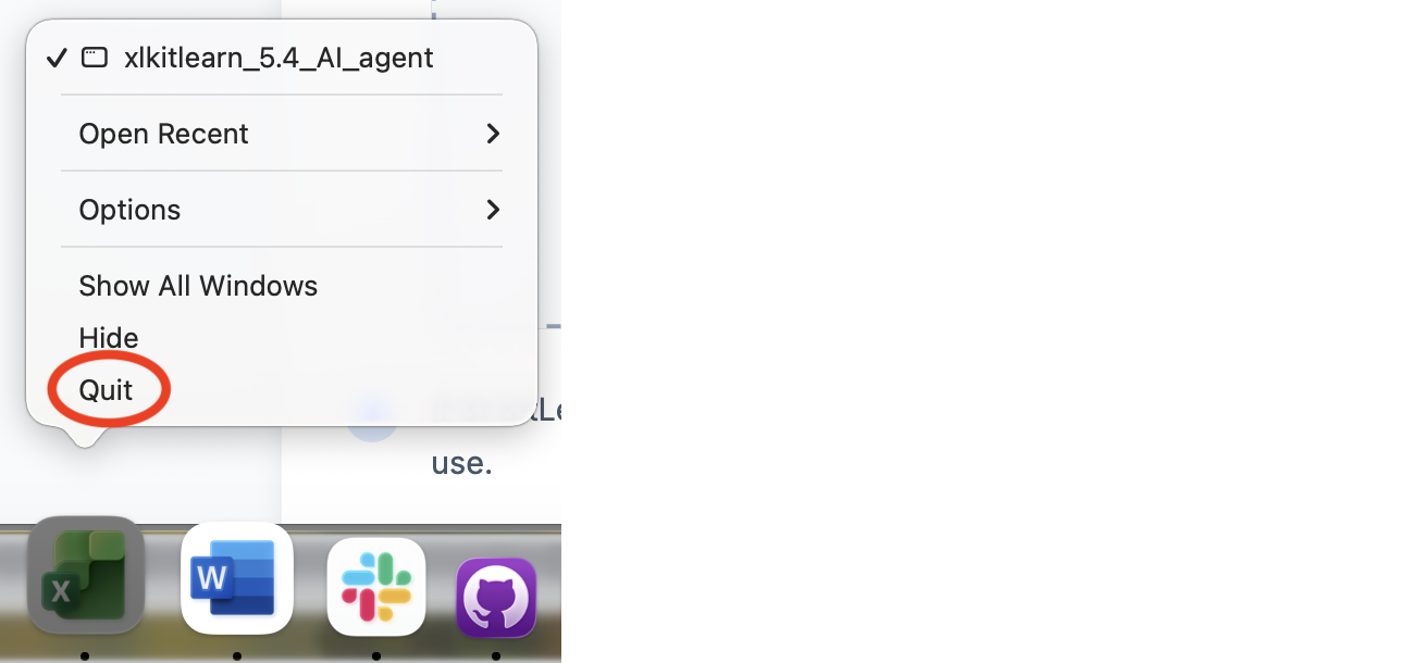 Placeholder for a screenshot showing Quit in the Excel Dock menu
