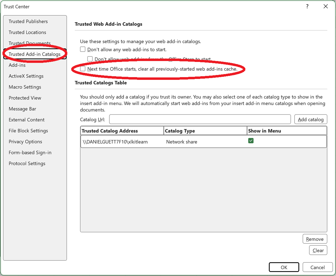 Placeholder for a screenshot showing the clear web add-ins cache checkbox