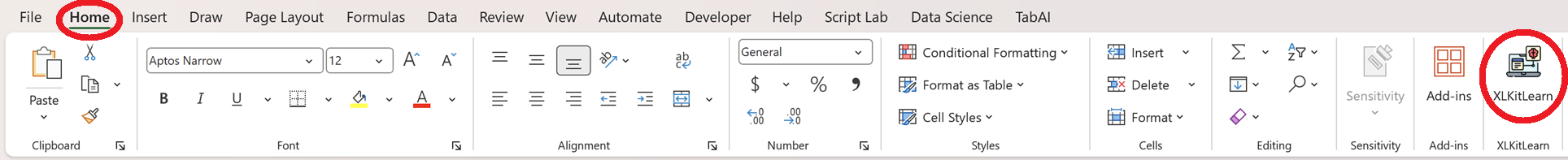 Placeholder for a screenshot showing the XLKitLearn icon in the Home tab on Windows