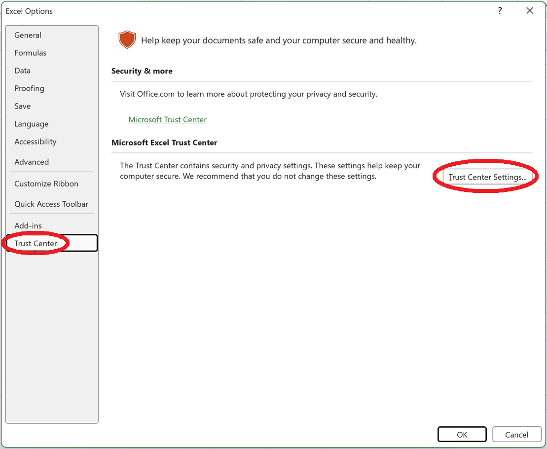 Placeholder for a screenshot showing Trust Center Settings